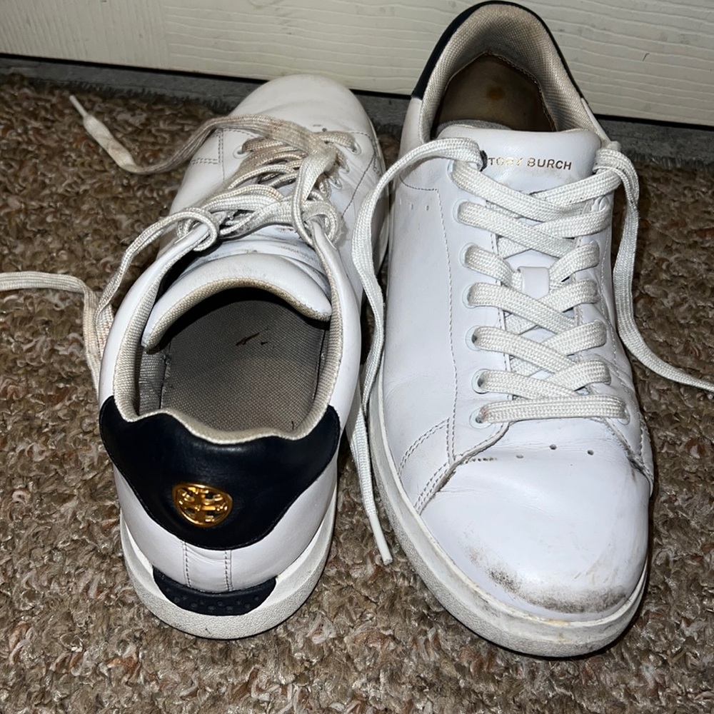 Tory Burch Howell Court Sneakers White Navy Blue Gold Logo